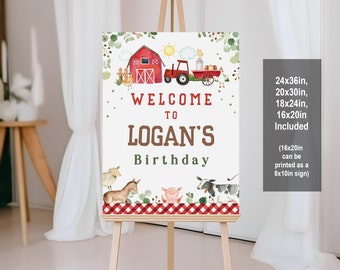 Farm Birthday Welcome Sign: Red Plaid, Tractor & Animals Bir300