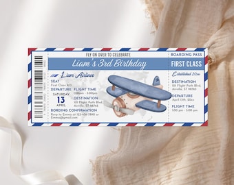 Editable Plane Birthday Invitation, Blue Airplane Ticket (Printable) Bir455
