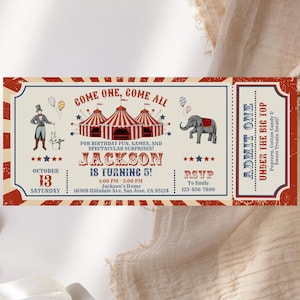 Puede incluir: Una invitación con temática de circo de estilo vintage. El diseño de la entrada presenta una carpa de circo a rayas rojas y blancas, un elefante y un mago. El texto dice "Come One, Come All" y anuncia una fiesta de cumpleaños.