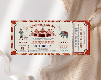 May include: A vintage-style circus-themed invitation. The ticket design features a red and white striped circus tent, an elephant, and a magician. The text reads "Come One, Come All" and announces a birthday party for Jackson.
