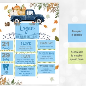 Pu&ograve; includere: Un grafico di pietre miliari del primo compleanno per un bambino di nome Logan, stampabile in blu e bianco. Il grafico presenta un camioncino blu con zucche e foglie autunnali. Il grafico include informazioni sul peso, l'altezza, i denti, i cibi preferiti, le canzoni, i libri e le cose che il bambino pu&ograve; fare.
