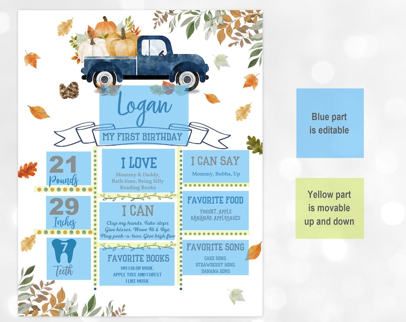Pu&ograve; includere: Un grafico di pietre miliari del primo compleanno per un bambino di nome Logan, stampabile in blu e bianco. Il grafico presenta un camioncino blu con zucche e foglie autunnali. Il grafico include informazioni sul peso, l'altezza, i denti, i cibi preferiti, le canzoni, i libri e le cose che il bambino pu&ograve; fare.