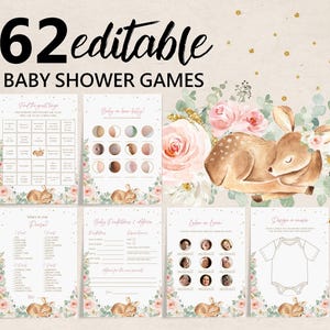 Deer Baby Shower Games Bundle, Editable Woodland Deer Baby Game Package, Boho Pink Floral Forest Animals Game Printable Oh Deer Bab121