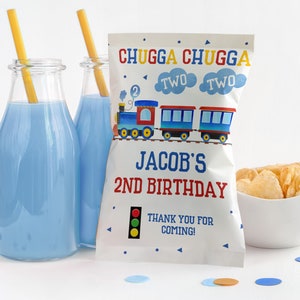 Train Birthday Chip bag Chugga Train Party Decor Blue Train Party Snack Favors Potatoes Boy 2nd Birthday Editable Printable Download Bir60