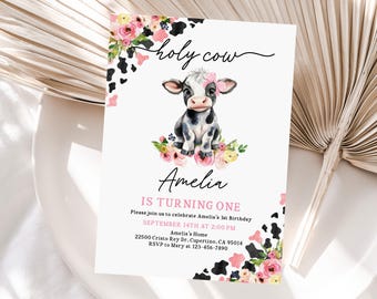 Holy Cow Birthday Invitation - Floral Editable Canva Template Bir572