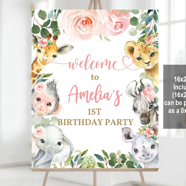 Safari Birthday Welcome sign Jungle Party Welcome Poster Wild Animals Decorations Girl Pink Floral Digital Editable Printable Download Bir12