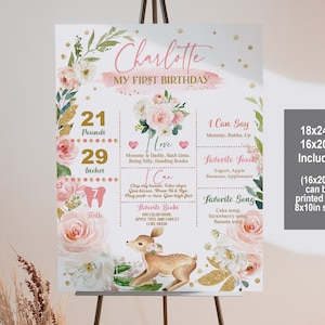 Cerf animaux de la forêt signe jalon fille premier anniversaire jalon affiche rose or floral forêt décorations modifiable imprimable Bir39