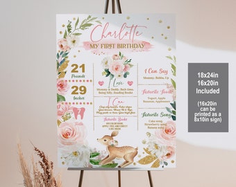 Letrero de hito con ciervo del bosque, flores rosas y doradas (editable para cumpleaños de niña Bir39)