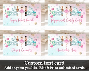 Pode incluir: Quatro cartões de tenda imprimíveis com uma bailarina e um quebra-nozes em um cenário de inverno. Os cartões têm o texto "Sugar Plum Punch", "Peppermint Candy Canes", "Clara's Cupcakes" e "Nutcracker Nuts".