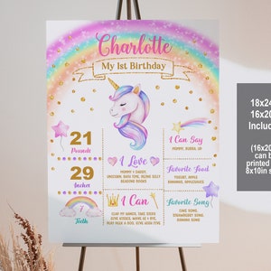 Segno di traguardo unicorno arcobaleno Decorazioni per il primo compleanno della bambina magica Decorazioni di compleanno modificabili Stampabili Poster di traguardo delle statistiche di compleanno Bir249