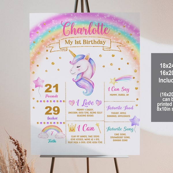 Rainbow Unicorn Milestone Sign Magical Birthday Girl First Birthday Decorations Editable Printable Birthday Stats Milestone Poster Bir249