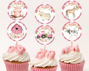 Pink Farm Animal Cupcake Toppers - Girl Birthday Party Printable Bir312