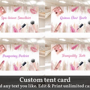 Spa Party Zelt Karte Make-up Geburtstag Essen Tent Card Buffet Label Tent Card Glam Makeup Mädchen Teenager Editable Printable Download Bir309