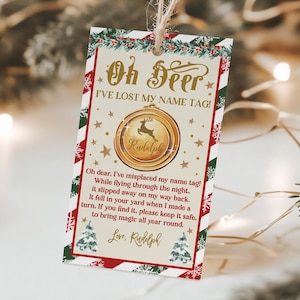 Rudolph's Lost Name Tag Druckbare Heiligabend Tradition Weihnachtsmanns Rentier Lost Tag Bearbeitbare Heiligabend Box-Strumpf Download Rlt1