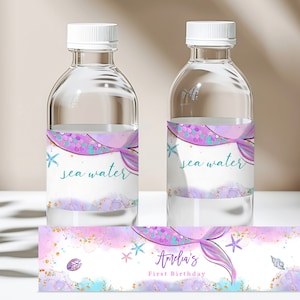 Étiquettes modifiables de bouteille d'eau d'anniversaire de sirène, étiquettes de bouteille de jus de sirène, décoration de fête, mer, téléchargement imprimable Bir321