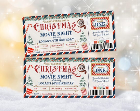 映画鑑賞会招待状：クリスマスバースデーチケット（編集・印刷可能
