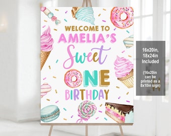 Sweet one Birthday welcome sign 1st Birthday Welcome Poster Dessert sign Girl Ice cream Candy Donut Editable Printable Download Bir360