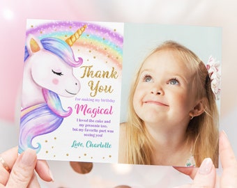 May include: A folded thank you card with a watercolor illustration of a unicorn and a rainbow. The text reads "Thank You" and "Magical". The right side of the card features a photo of a young girl.