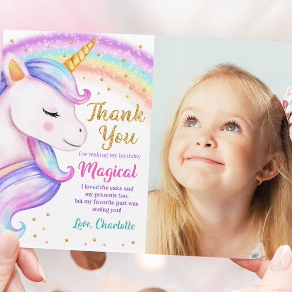 Unicorn Birthday Photo Thank you card Rainbow Party Thank you note Gold Glitter Pink Girl Magical Day EDITABLE Printable Download Bir249