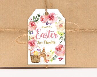 Etiqueta editable de conejito floral para Pascua - Etiqueta imprimible para regalos
