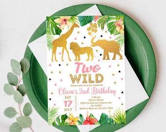Safari Birthday Invitation: Two Wild Animals, Green Pink Floral Bir185