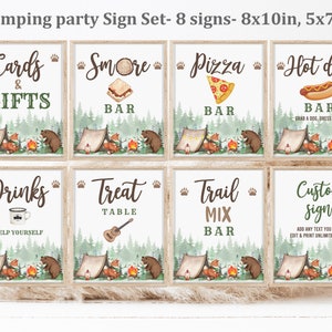Camping Party Tischschild Set Waldtiere Tischschild Bundle S&#39;mores Dekoration Bär Geburtstagsparty Bearbeitbar Printable Download Bir335