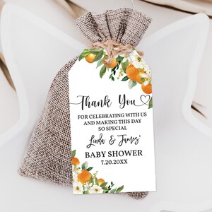 Etiqueta de agradecimiento de color naranja para baby shower A Little Cutie Etiqueta de agradecimiento Etiqueta de agradecimiento Cítricos clementina Digital Editable Imprimible Descargar Bab180