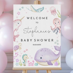 Under the Sea Welcome sign Ocean & Sea Baby Shower Welcome Sign Editable Poster Printable Ocean Animals Pink Purple Girl Decoration Bab324