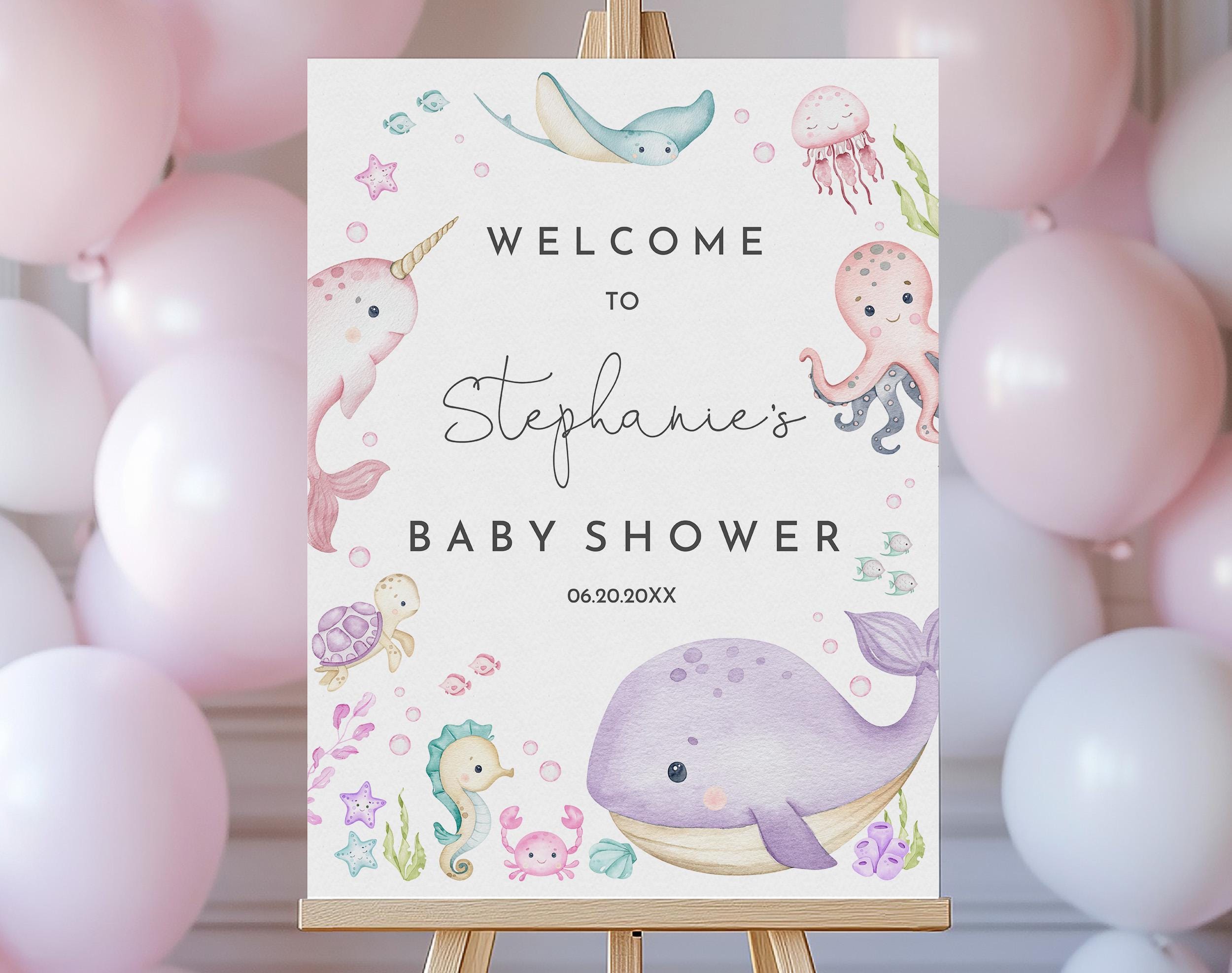 Under the Sea Welcome sign Ocean & Sea Baby Shower Welcome Sign Editable Poster Printable Ocean Animals Pink Purple Girl Decoration Bab324