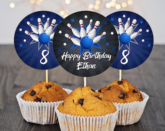 Bowling Birthday Cupcake Toppers: Editable Boys Party Tags (Printable Bir123)