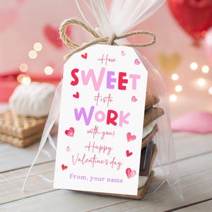 May include: A clear cellophane bag tied with twine and white ribbon, containing a stack of s'mores. A white tag with the text "How SWEET it is to WORK with you! Happy Valentine's Day" is attached.