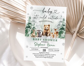 Invito per baby shower a tema bosco invernale: animali e vegetazione del bosco Bab230