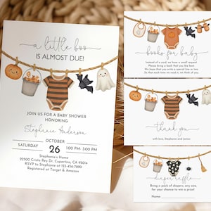 May include: Halloween-themed baby shower invitations and inserts. The main invitation reads "a little boo is almost due!" with a pumpkin, bucket of candy, onesie, bat, and ghost. Additional cards include "books for baby," "thank you," and "diaper raffle."