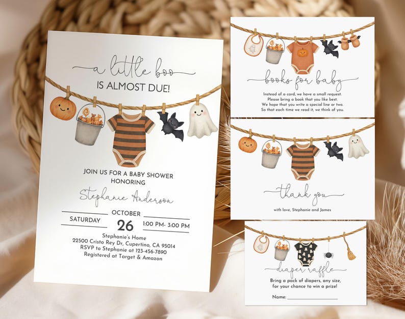 May include: Halloween-themed baby shower invitations and inserts. The main invitation reads "a little boo is almost due!" with a pumpkin, bucket of candy, onesie, bat, and ghost. Additional cards include "books for baby," "thank you," and "diaper raffle."