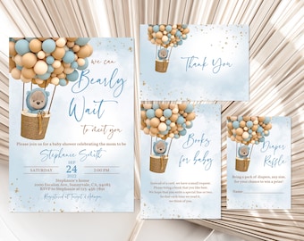 Peut inclure: Une invitation de fête prénatale bleue et beige avec un ours en peluche dans un ballon à air chaud fait de ballons. L'invitation indique "We can Bearly Wait to meet you" et comprend la date, l'heure et le lieu de la fête. Le texte "Registered at Target & Amazon" est également inclus.