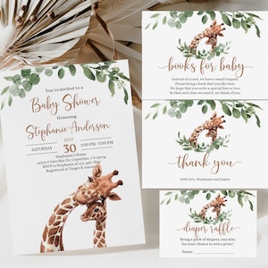 Conjunto de convites para chá de bebê de girafa Pacote de convites para chá de bebê de safári Tropical Selva Gênero neutro Vegetação Editável Imprimível Digital Bab36