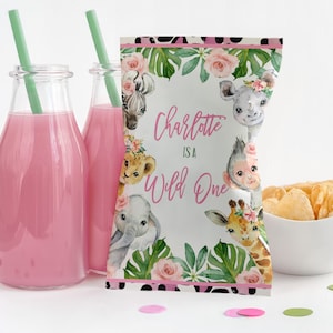 Wild One Chip Bag Template Jungle Girl 1st Birthday Favors Safari Animals Party Favors Bags Floral Zebra Editable Printable Download Bir291