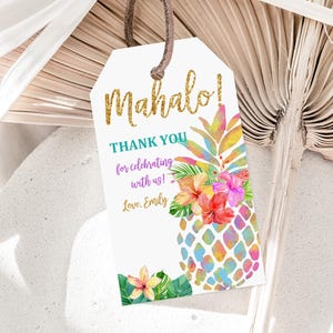 Tropical Pineapple Thank You Tags, Aloha Party Favors (Editable PDF Bir130) image 3