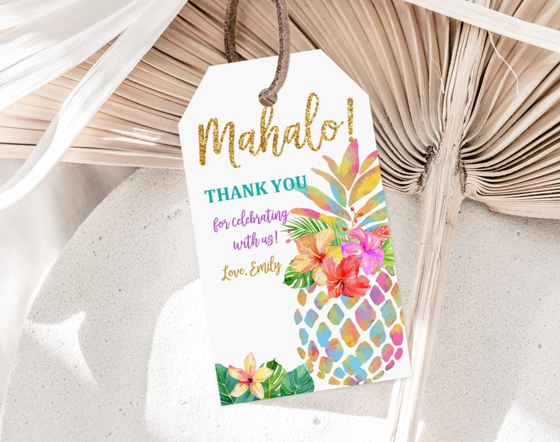 Tropical Pineapple Thank You Tags, Aloha Party Favors (Editable PDF Bir130) image 3
