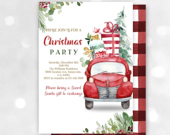 May include: A Christmas party invitation featuring a red vintage truck carrying gifts and a Christmas tree. The invitation includes the text "Christmas Party" in red, along with event details and a request to bring a Secret Santa gift.
