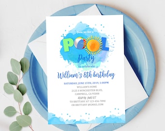 May include: A blue and white pool party invitation with a watercolor background. The invitation features a cartoon pool, beach ball, and sun. The text reads "Join us for a Pool Party to celebrate William's 8th birthday".