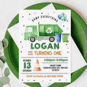 Müllwagen 1. Geburtstag Einladung Müllwagen Geburtstag einladen bearbeitbar Dump Alles druckbare Junge erster Geburtstag Recycling Bir471