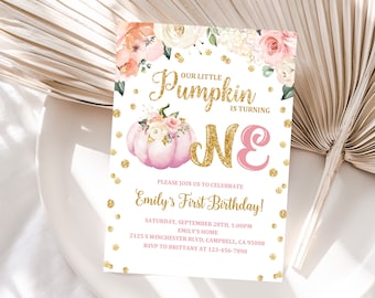 May include: A pink and gold first birthday invitation featuring a pumpkin and floral design. The text reads "Our Little Pumpkin is Turning One".