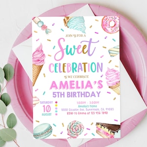 Zoete feestuitnodiging Snoep verjaardagsuitnodiging Zoete viering Snoep IJs Cupcake Donut meisje afdrukbare bewerkbare sjabloon Bir340