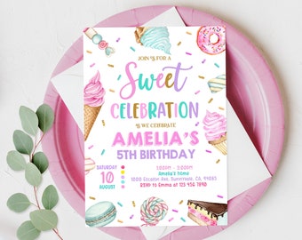 Sweet Party Invitation Sweets Birthday Invitation Sweet Celebration Candy Ice cream Cupcake Donut Girl Printable Editable Template Bir340