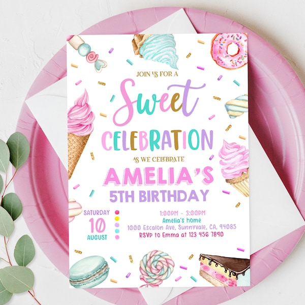 Sweet Party Invitation Sweets Birthday Invitation Sweet Celebration Candy Ice cream Cupcake Donut Girl Printable Editable Template Bir340