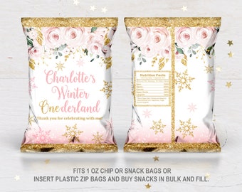May include: Pink and gold party favor bags with a floral design and the text "Charlotte's Winter Onederland" and "Thank you for celebrating with me!"