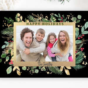 Tarjeta de felicitación de Navidad y Año Nuevo digital con hojas de bayas y oro negro DESCARGA INSTANTÁNEA EDITABLE, imprimible Ch14