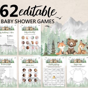 Let the Adventure Begin Baby Shower Games Bundle Woodland Animals Game set Forest Pine Trees Mountain Editable Printable Download Bab194