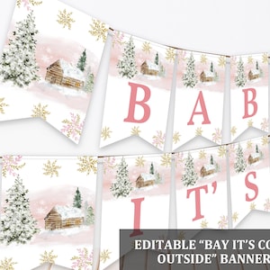 Snowflake Baby Shower Banner: Winter Wonderland Theme (Pink Gold Editable Bab126)